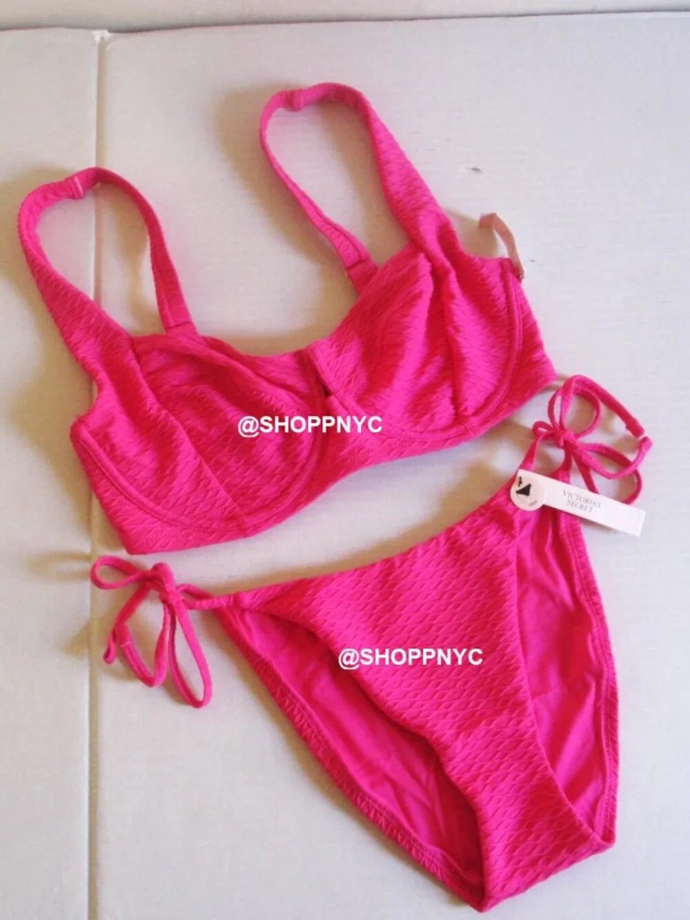 36DD/L VICTORIA SECRET Lace-Up Back Strappy Top Bikini Side Tie Cheeky Hot Pink